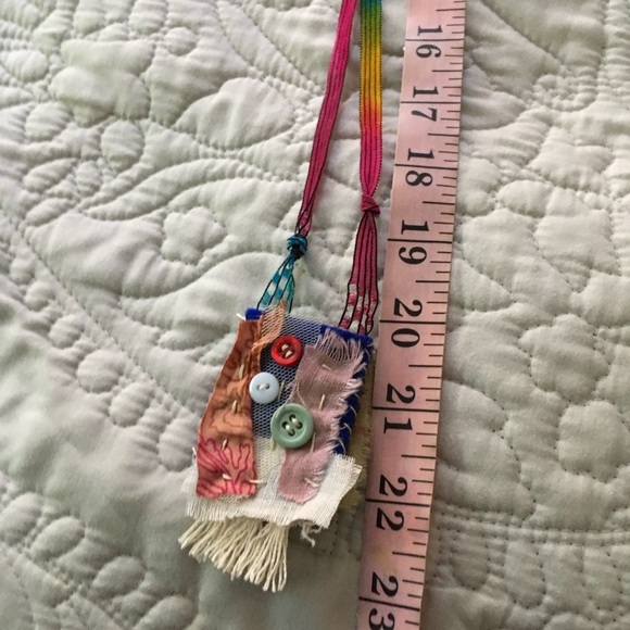 Boho Patchwork Fabric Button Amulet Necklace Art Handmade - Picture 5 of 10